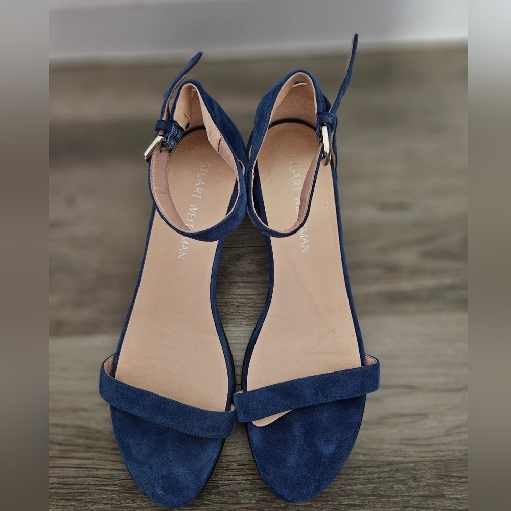 STUART WEITZMAN NUDIST-CURVE 35 BLOCK SANDAL Blue Suede Size 9M